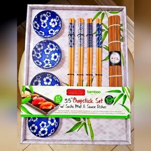 Cook Pro Bamboo 9.5" Sushi Chopstick Set with Blue Floral Dishes New
